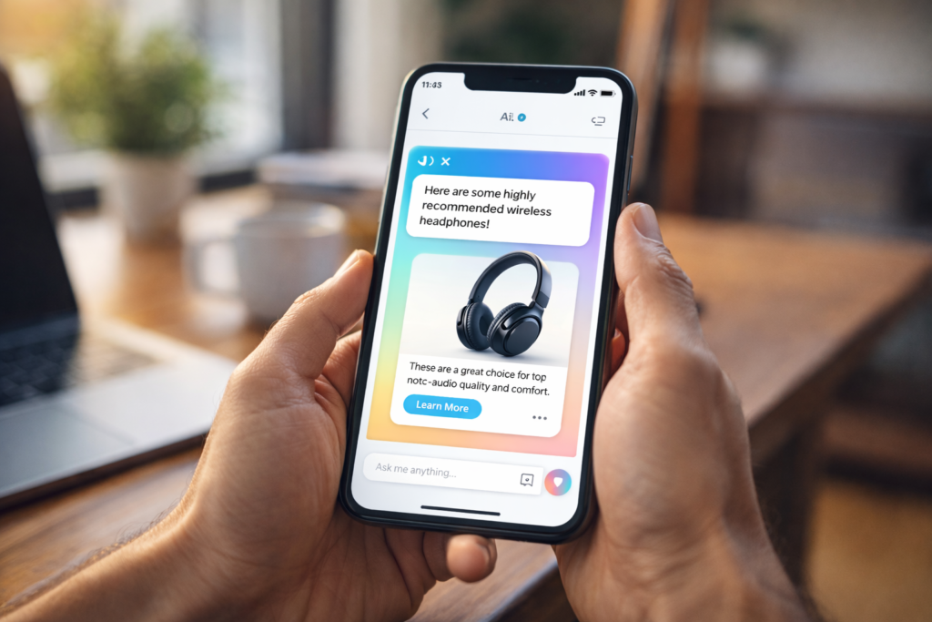 Person using an AI chat assistant on a smartphone to receive product recommendations in a modern home office.