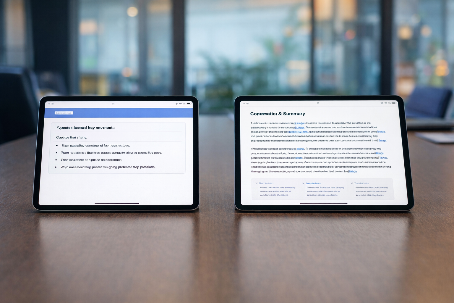 Two tablet devices side-by-side on a conference table, one displaying a simple list-based answer and the other showing a detailed generative AI summary with citations.