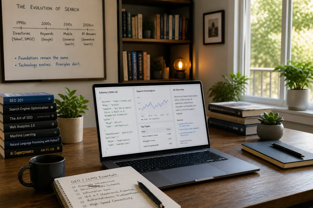Modern home office workspace with laptop displaying SEO analytics, structured data, and AI search concepts, representing the foundation of AI-driven search on traditional SEO principles.